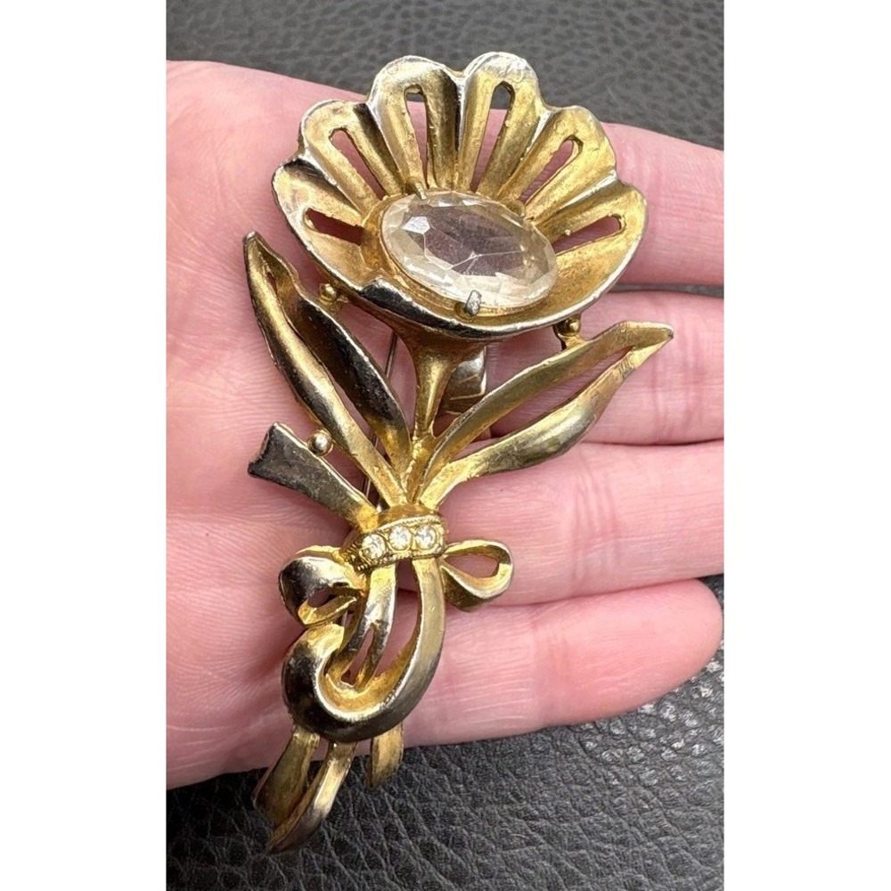 Vintage Large Huge Art Deco Pot Metal Flower Daisy Brooch Glass Rhinestone Bow